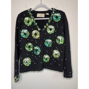 2000s Design Options Christmas Sequins Glam Jeweled Festive Wreaths Cardigan M